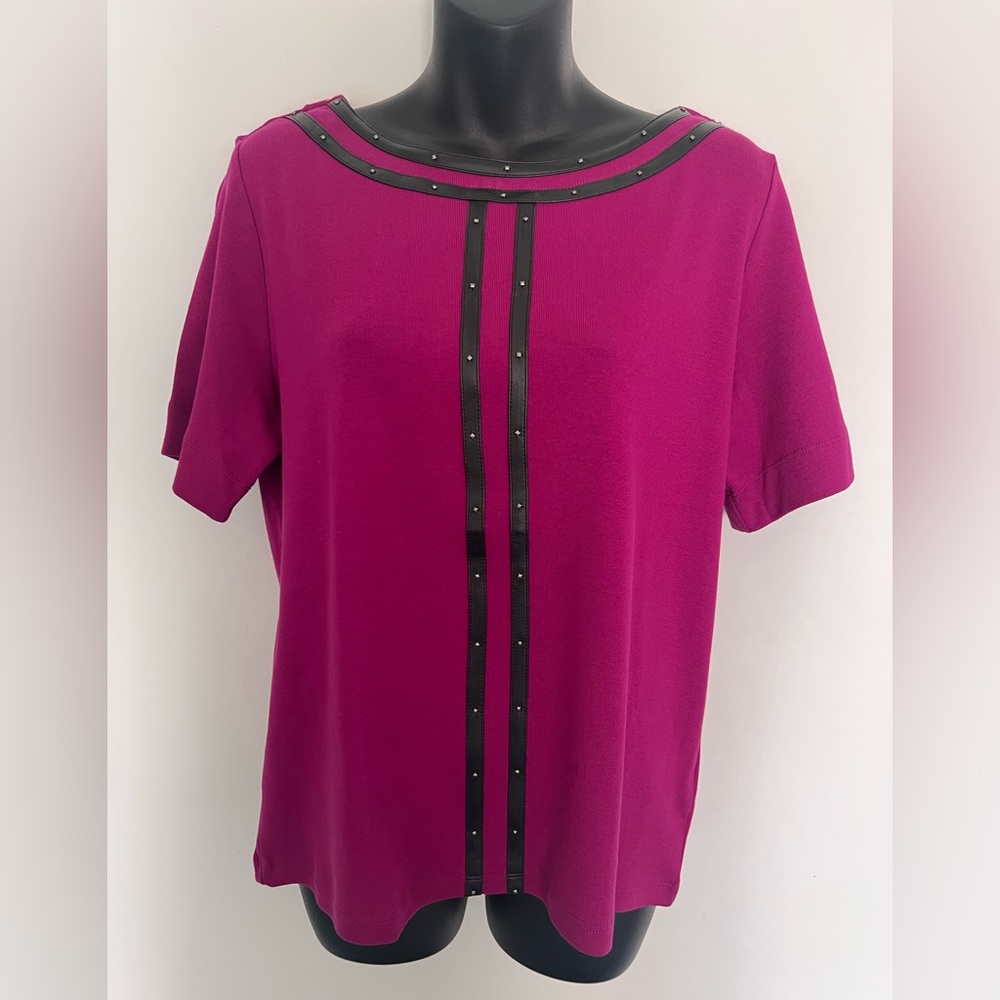 Women's Magenta Top with Black Faux Leather Accents - Rafaella